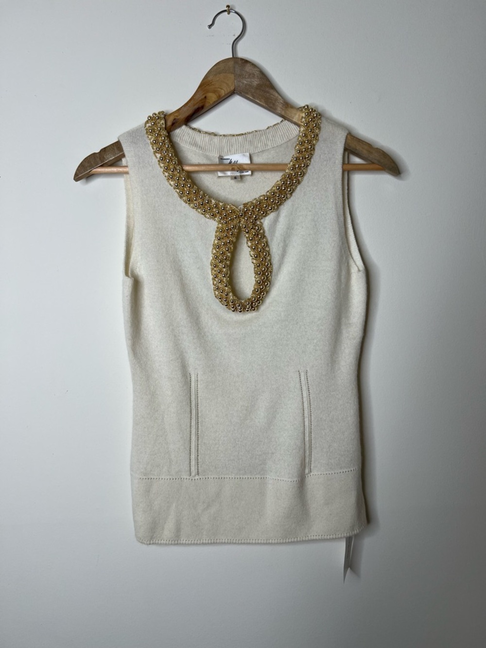 Milly Cream Knit Sleeveless Top with Gold Beaded Neckline